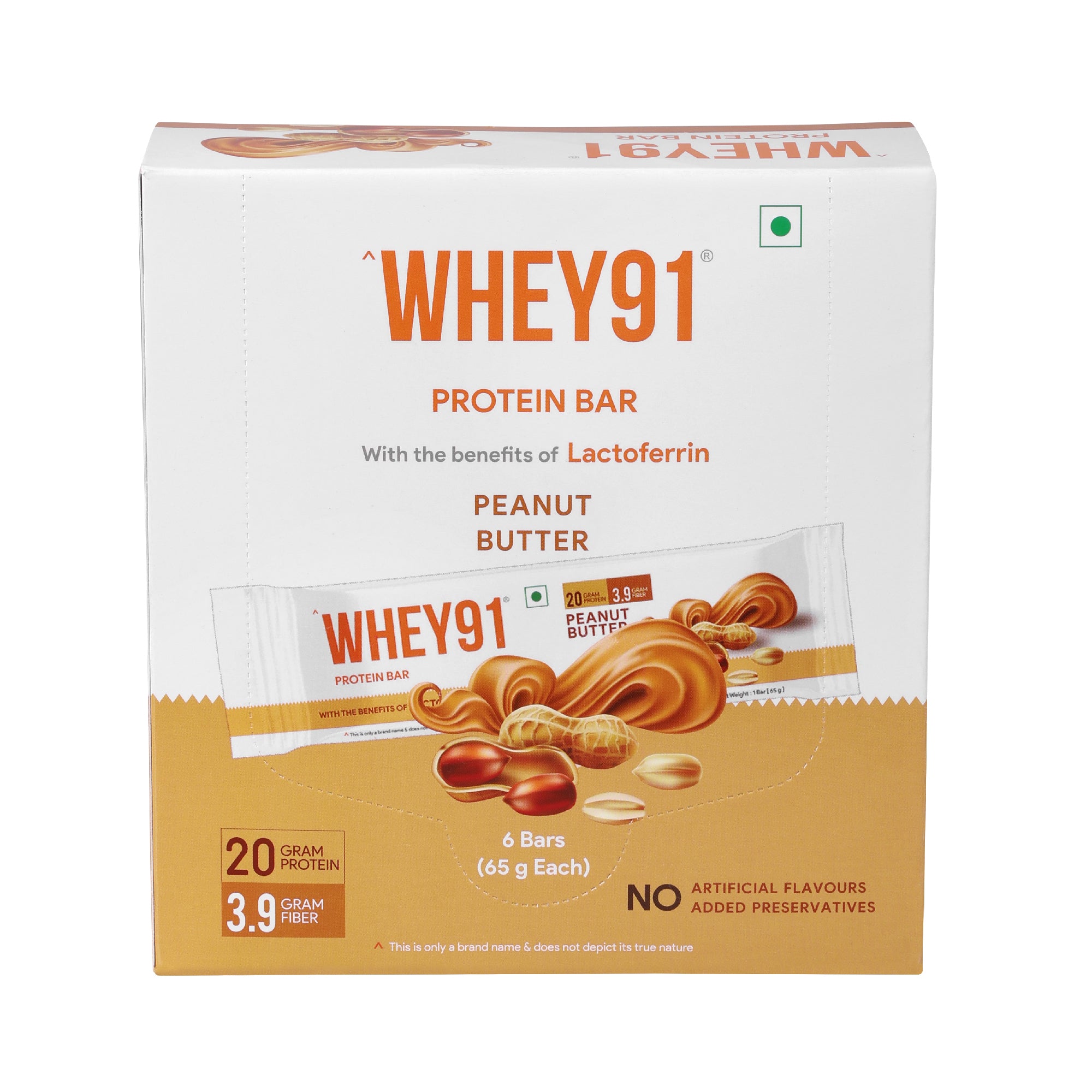 Whey91 Peanut Butter Protein Bar | 20g Protein & 3.9g Fibre per Bar | Immunity Booster Lactoferrin | No Artificial Flavours | (Pack of 6 Bars) 390g