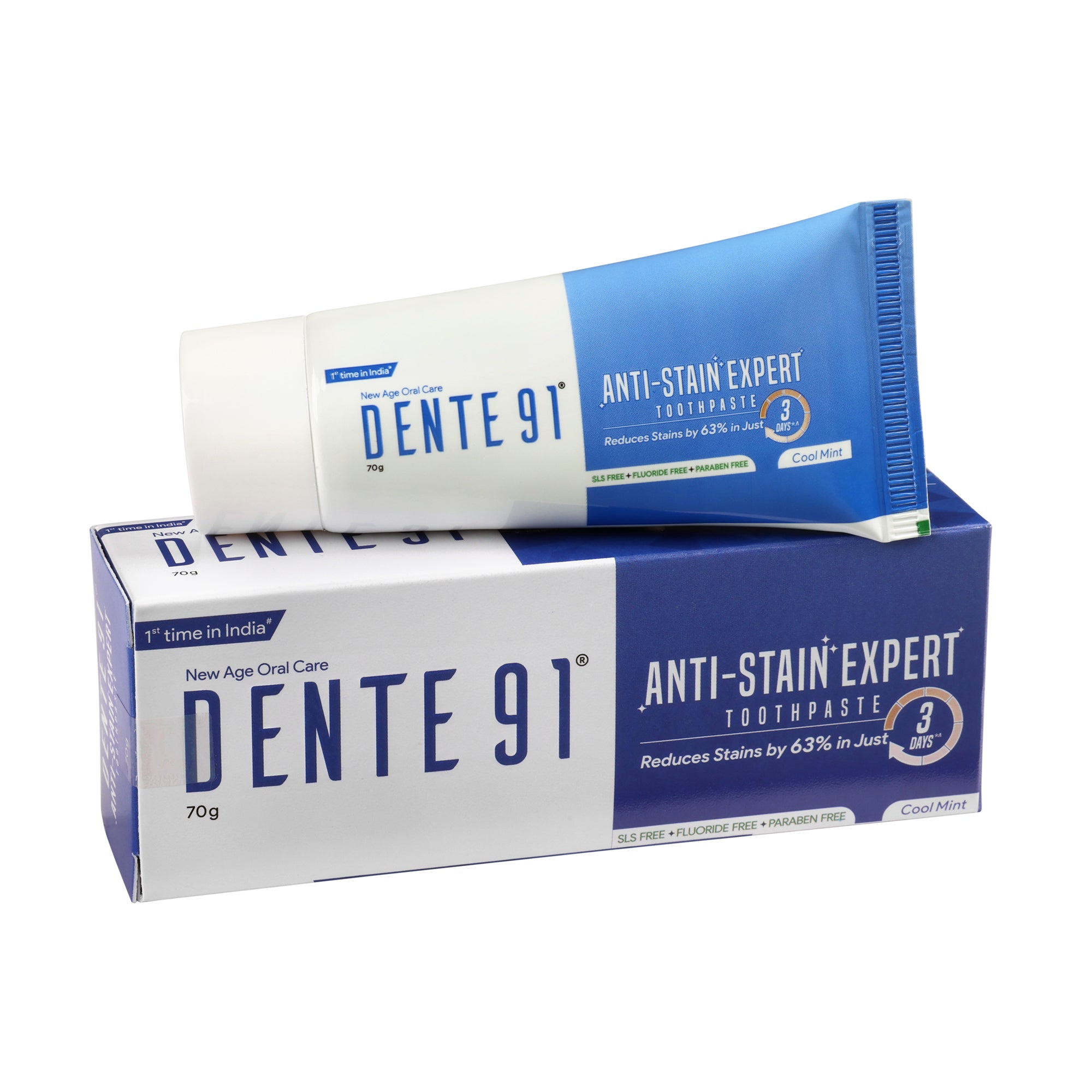 Dente91 Anti-Stain Expert Toothpaste for Stain Removal & Teeth Whitening, Protects against Dental Caries & Strengthens Enamel, Reduces 63% stains in just 3 days, 70g, Pack of 1