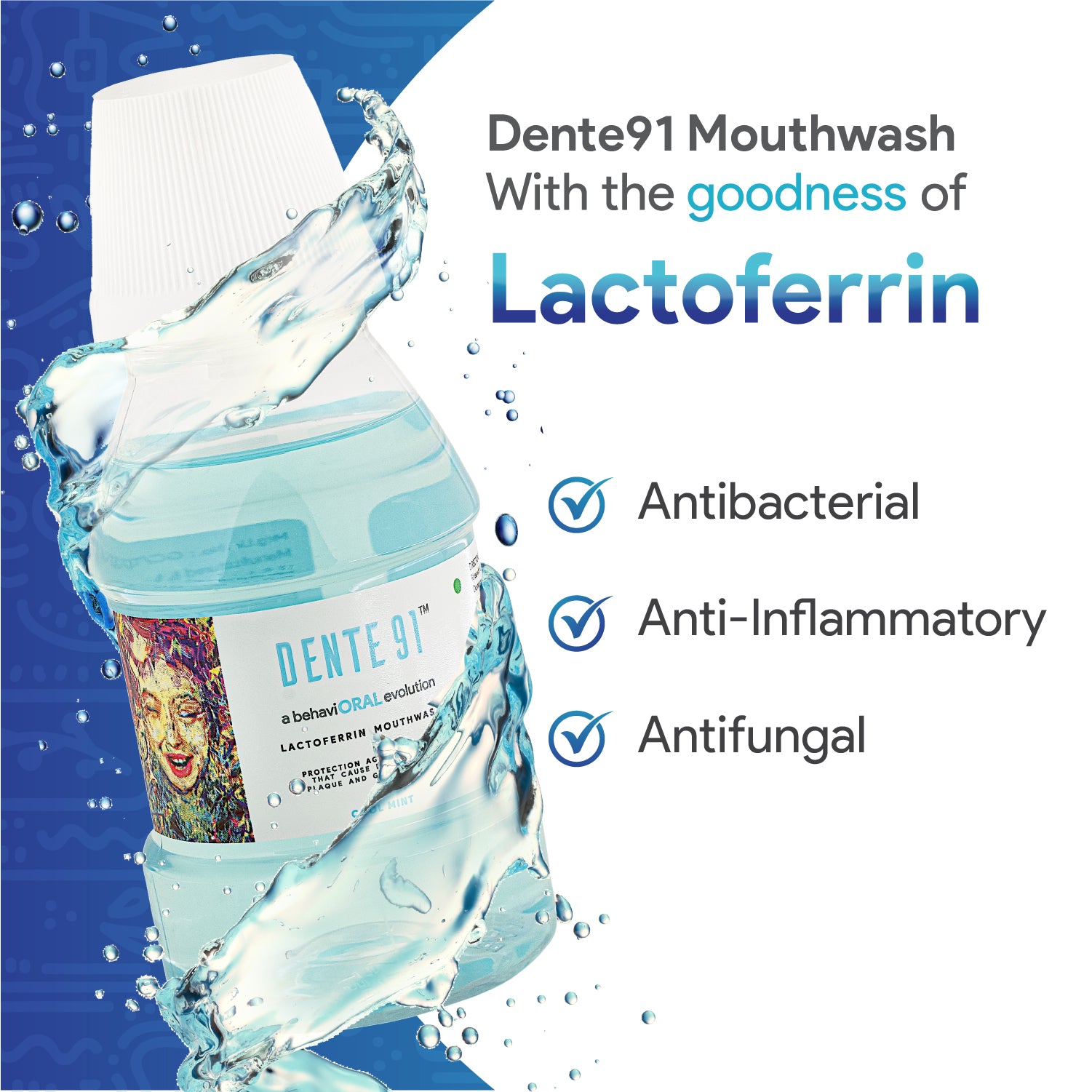 Dente91 Cool Mint Mouthwash, Sugar-free, Alcohol-free, No Burning Sensation, Kills 99.0% Germs & Prevents Bad Breath, Antibacterial & Antifungal (Multi-Packs of 150ml)