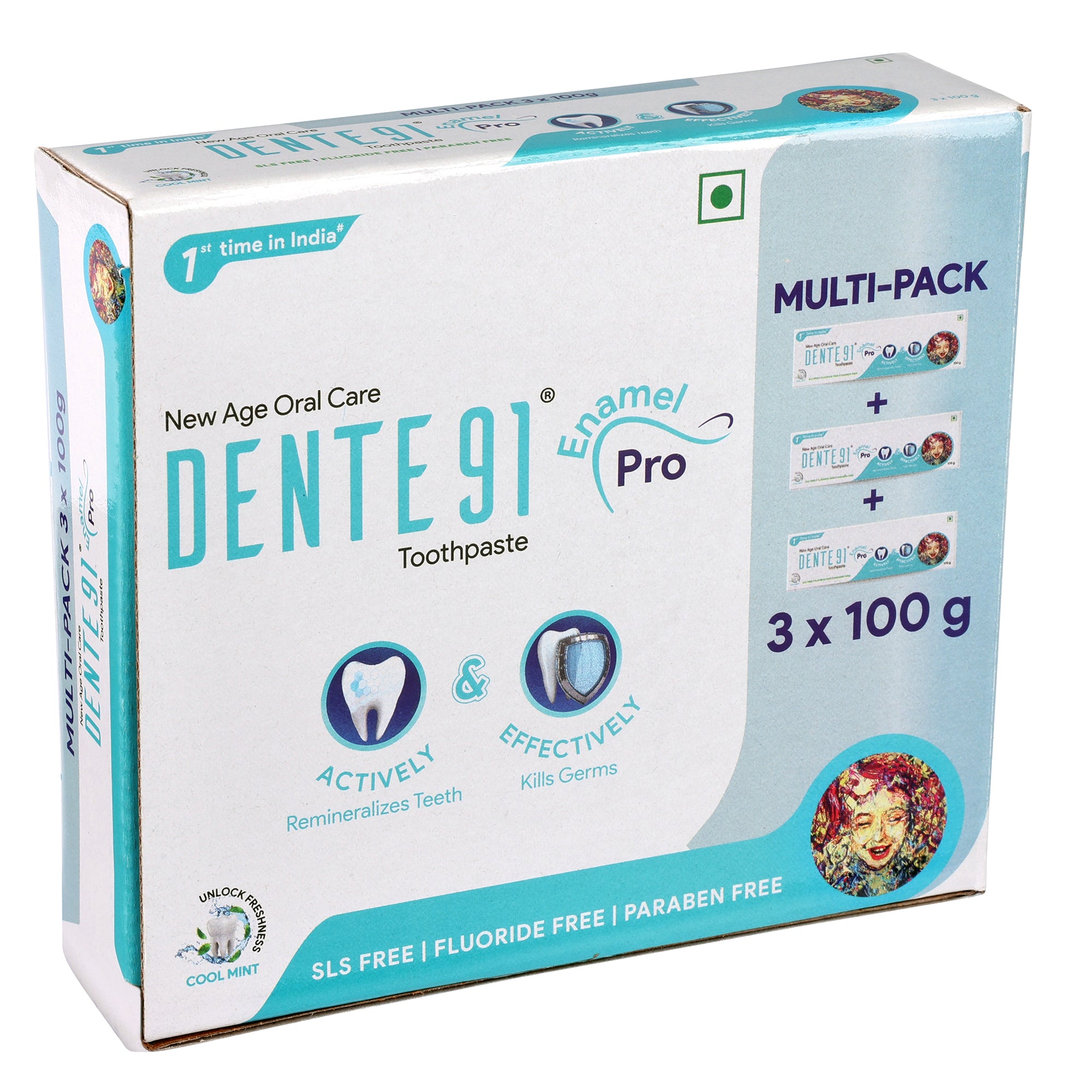 Dente91 Cool Mint Toothpaste, Strengthens Enamel, Repairs Cavities, Remineralizes Teeth , Sensitivity Relief, SLS Free, Fluoride Free, Paraben Free, Pack of 3, 300g