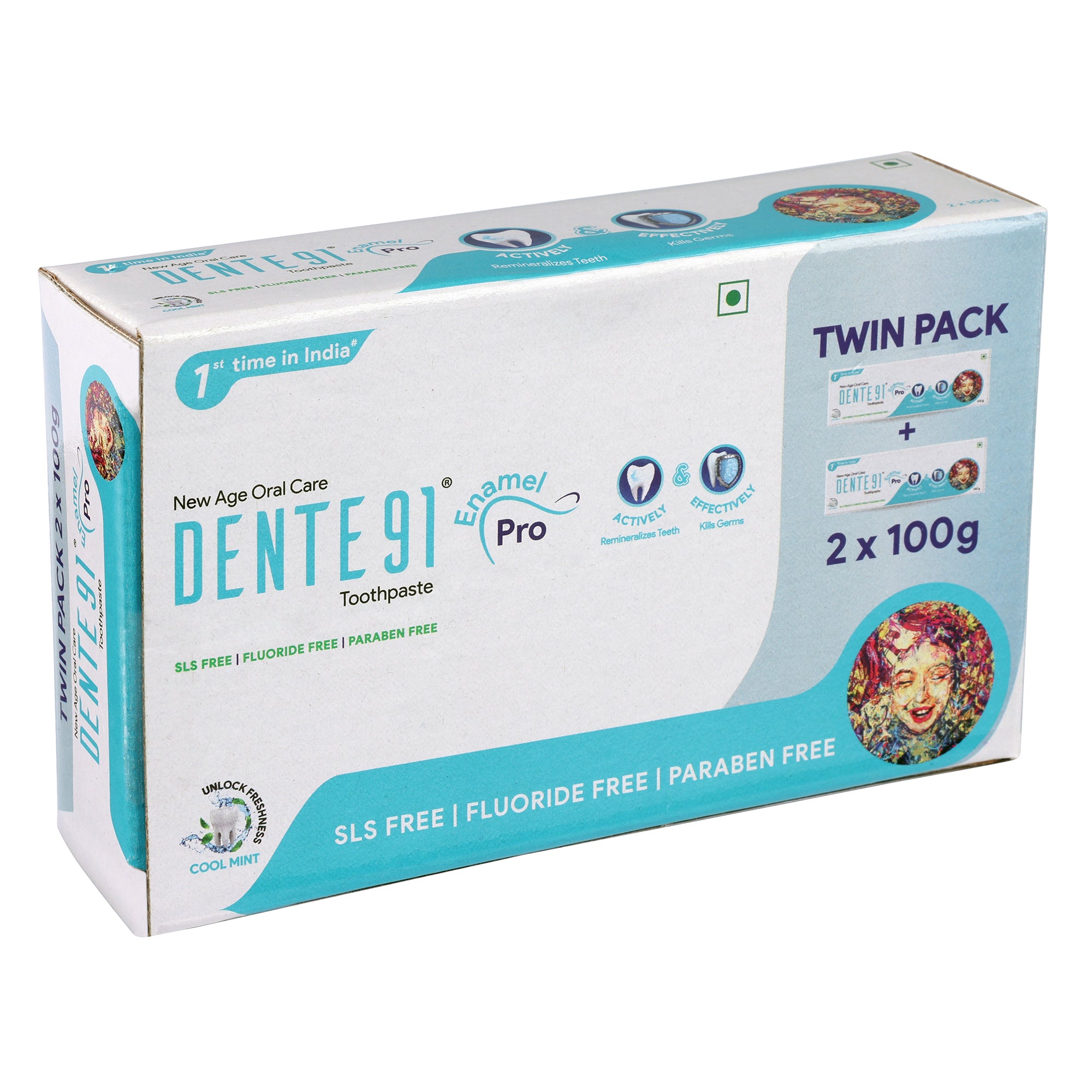 Dente91 Cool Mint Toothpaste, Strengthens Enamel, Repairs Cavities, Remineralizes Teeth , Sensitivity Relief, SLS Free, Fluoride Free, Paraben Free, Pack of 2, 200g