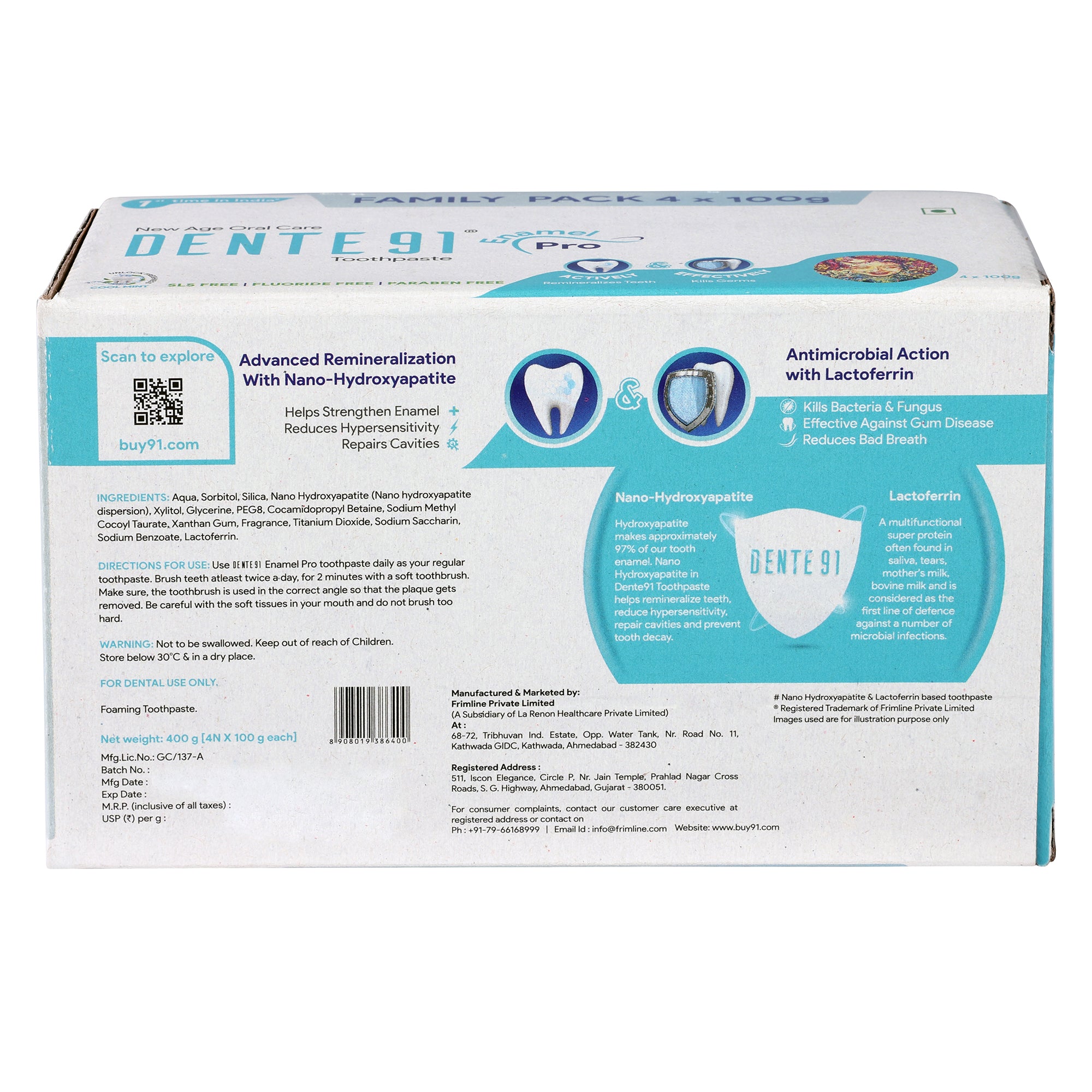 Dente91 Cool Mint Toothpaste, Strengthens Enamel, Repairs Cavities, Remineralizes Teeth , Sensitivity Relief, SLS Free, Fluoride Free, Paraben Free, Pack of 4, 400g
