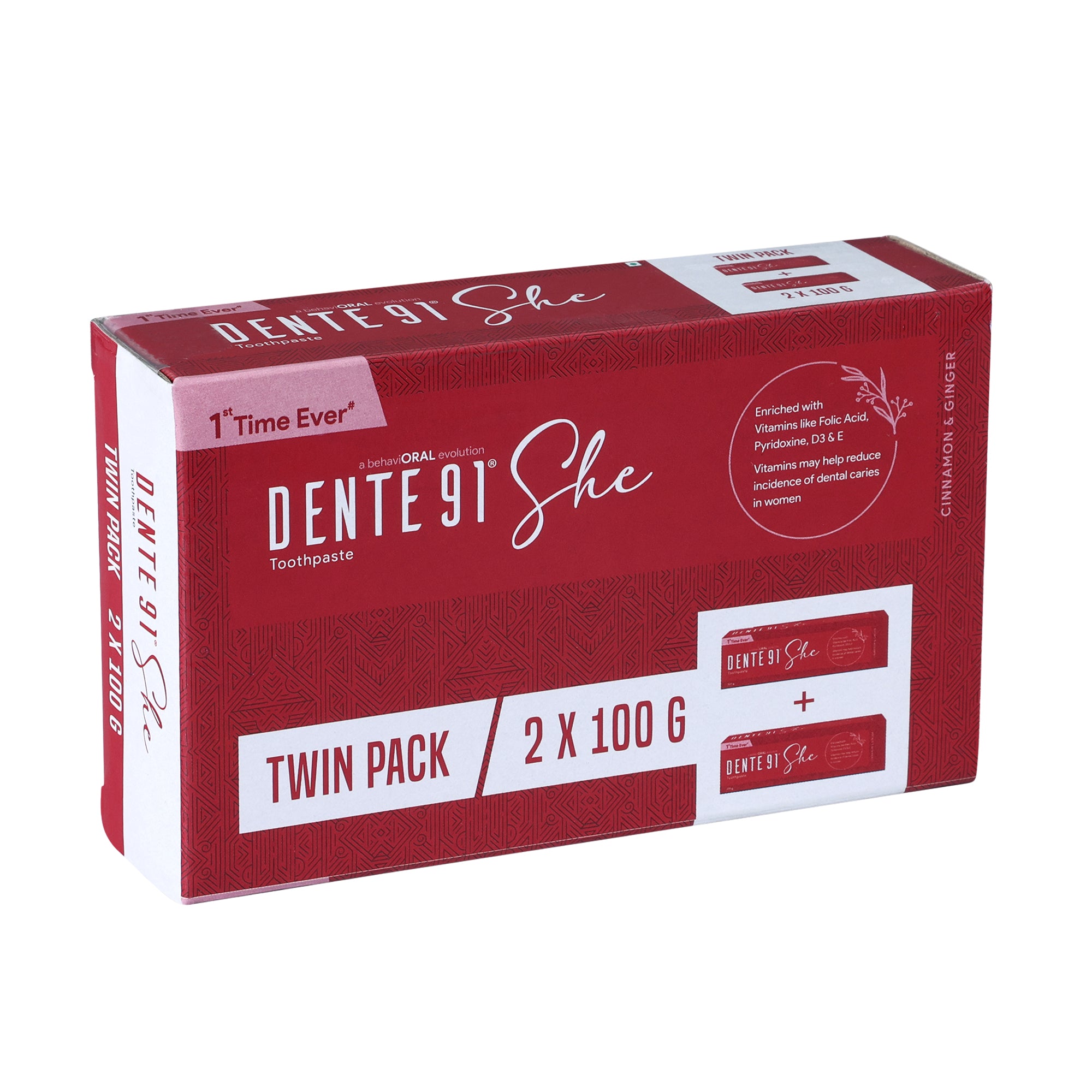 Dente91 SHE Toothpaste Specially Crafted for Women, Contains Folic Acid & Vitamins (B6, E, D3), Cinnamon & Ginger Flavour, Free from SLS, Fluoride & Paraben 100g (Pack of 2)