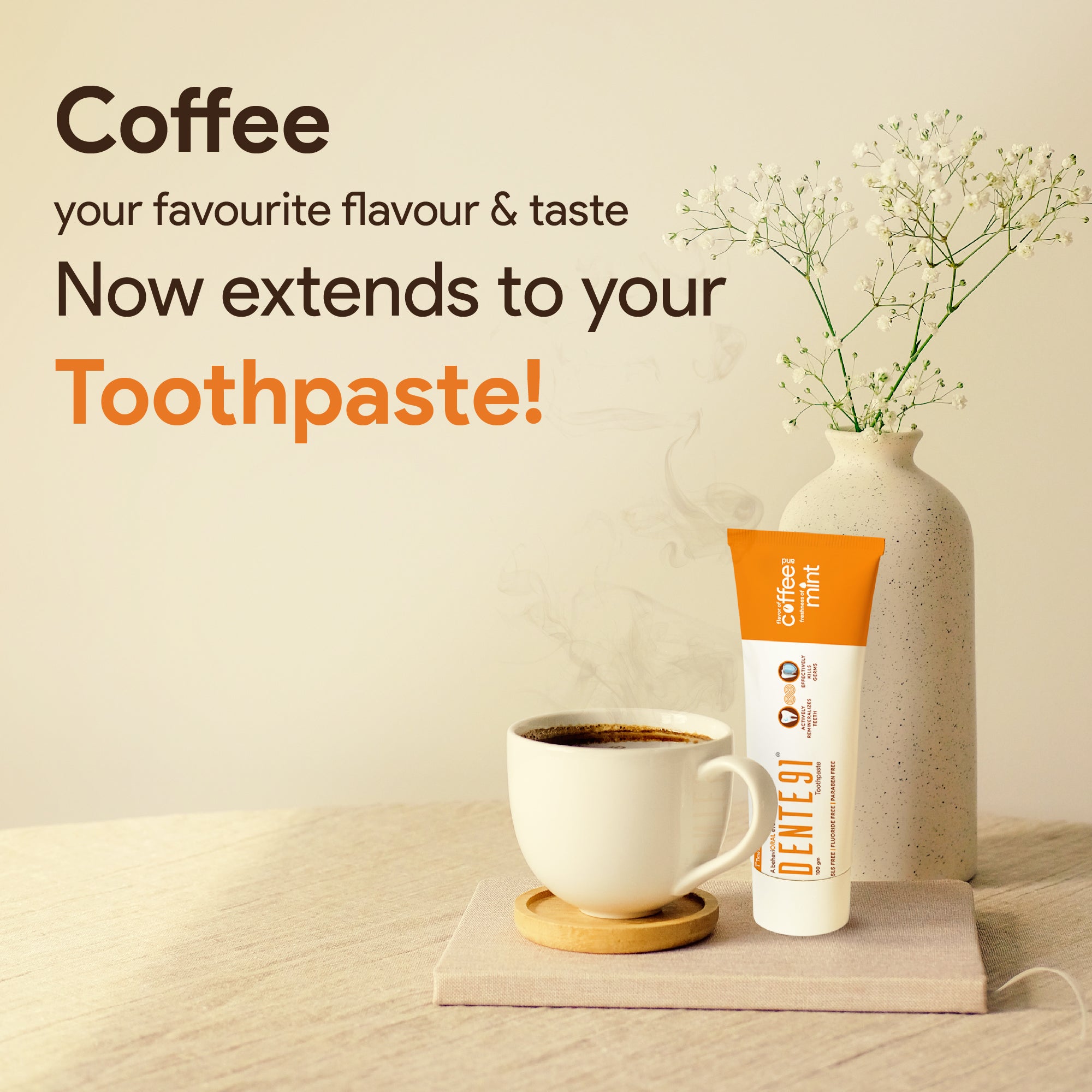 Dente91 Coffee & Mint Toothpaste | Sensitivity Relief | Repairs Cavities | Fights Gum Disease | Reduces Bad Breath | Strengthens Enamel | SLS Free | Fluoride Free | Paraben Free | Pack of 1, 100g